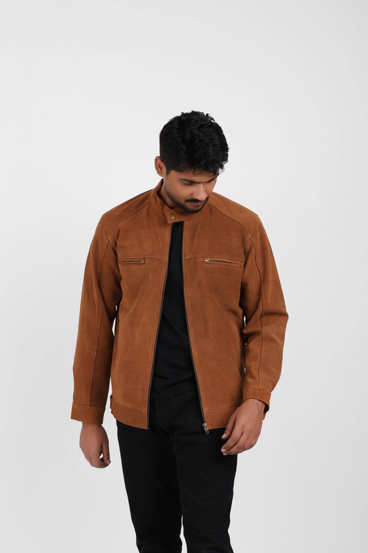 Classic Suede Leather Jacket Tan Zip