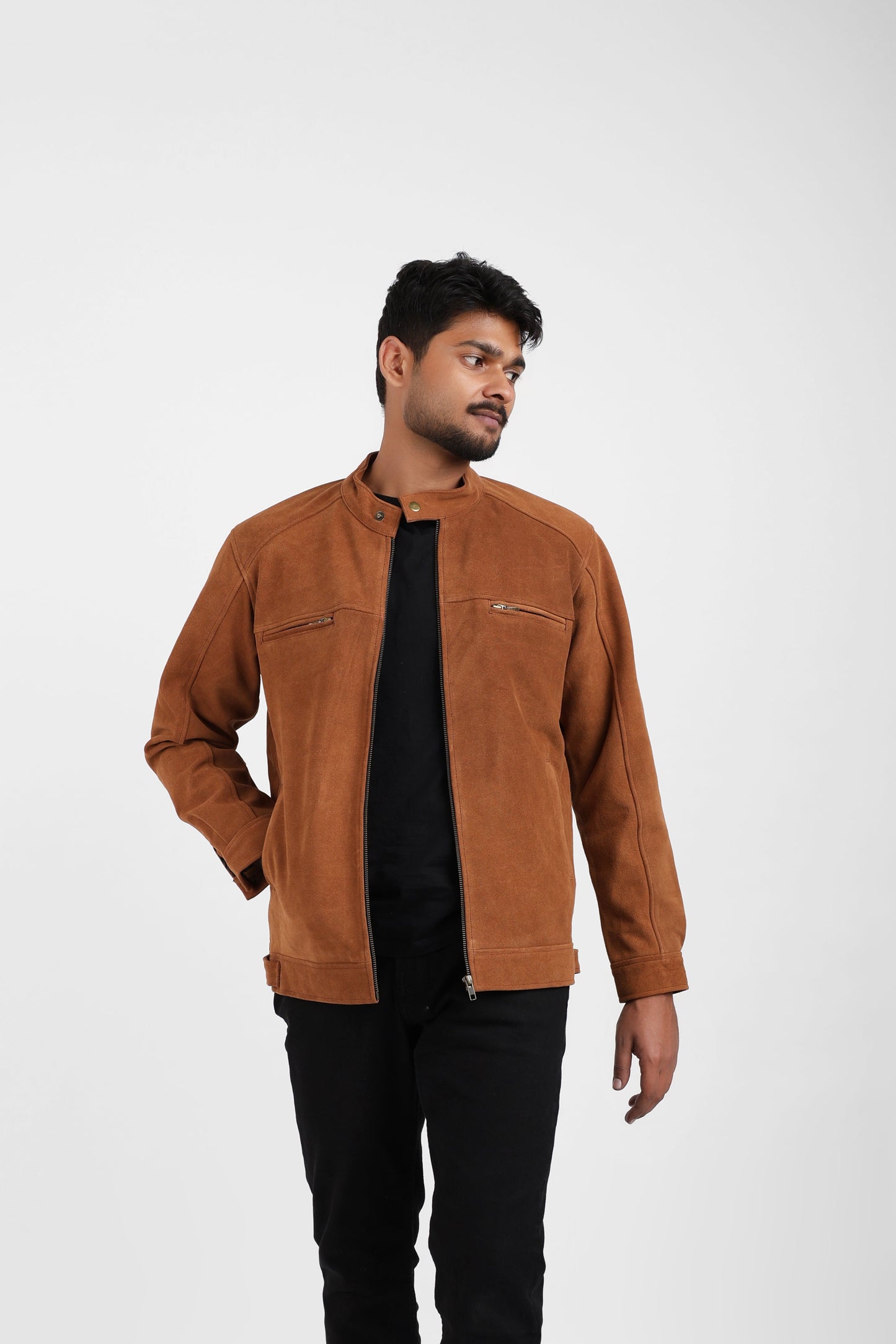 Classic Suede Leather Jacket Tan Zip