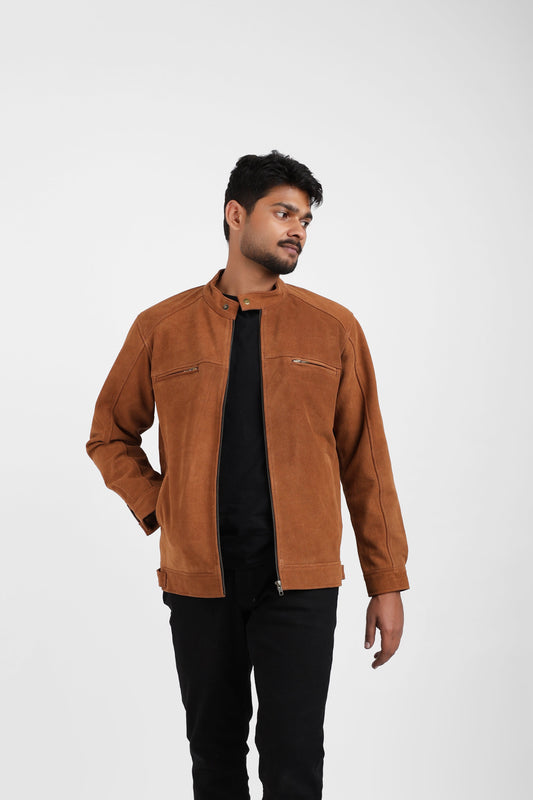 Classic Suede Leather Jacket Tan Zip