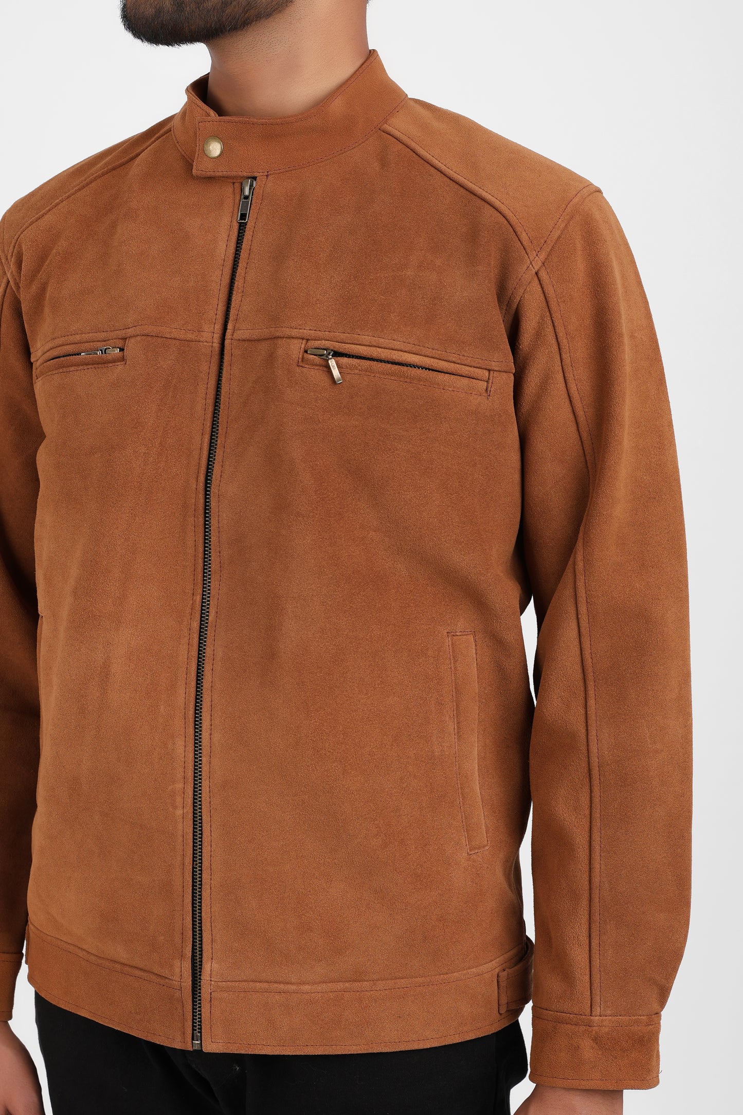 Classic Suede Leather Jacket Tan Zip